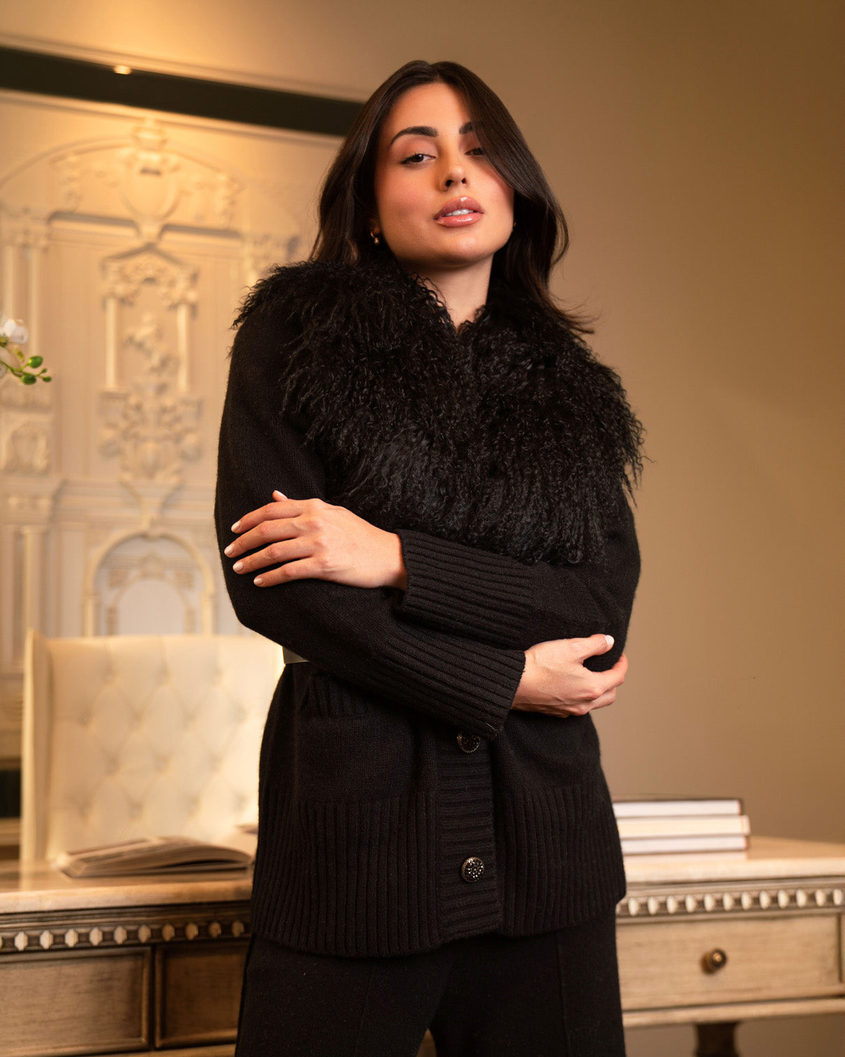Black Mongolian Fur-Trim Jacket & Wide-Leg Pants Set-2
