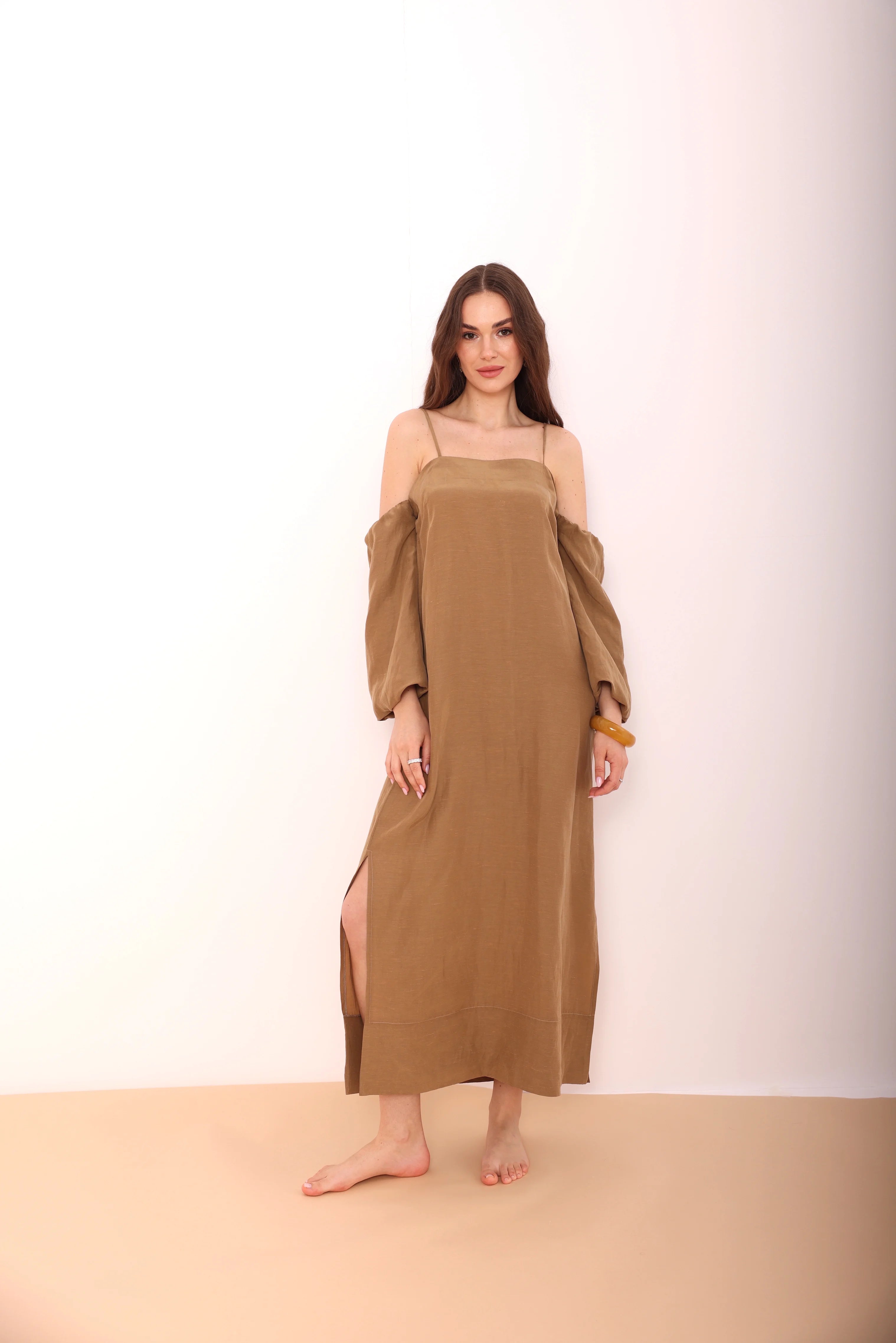 Camel Off-Shoulder Maxi Dress-2