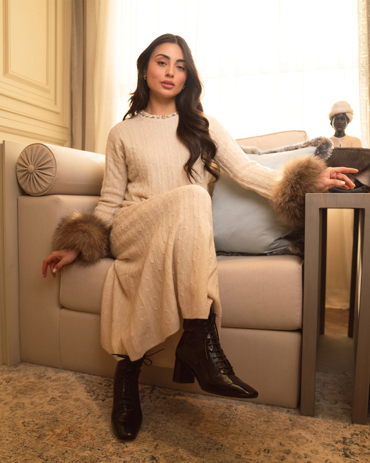 Beige Cashmere Skirt Set-2