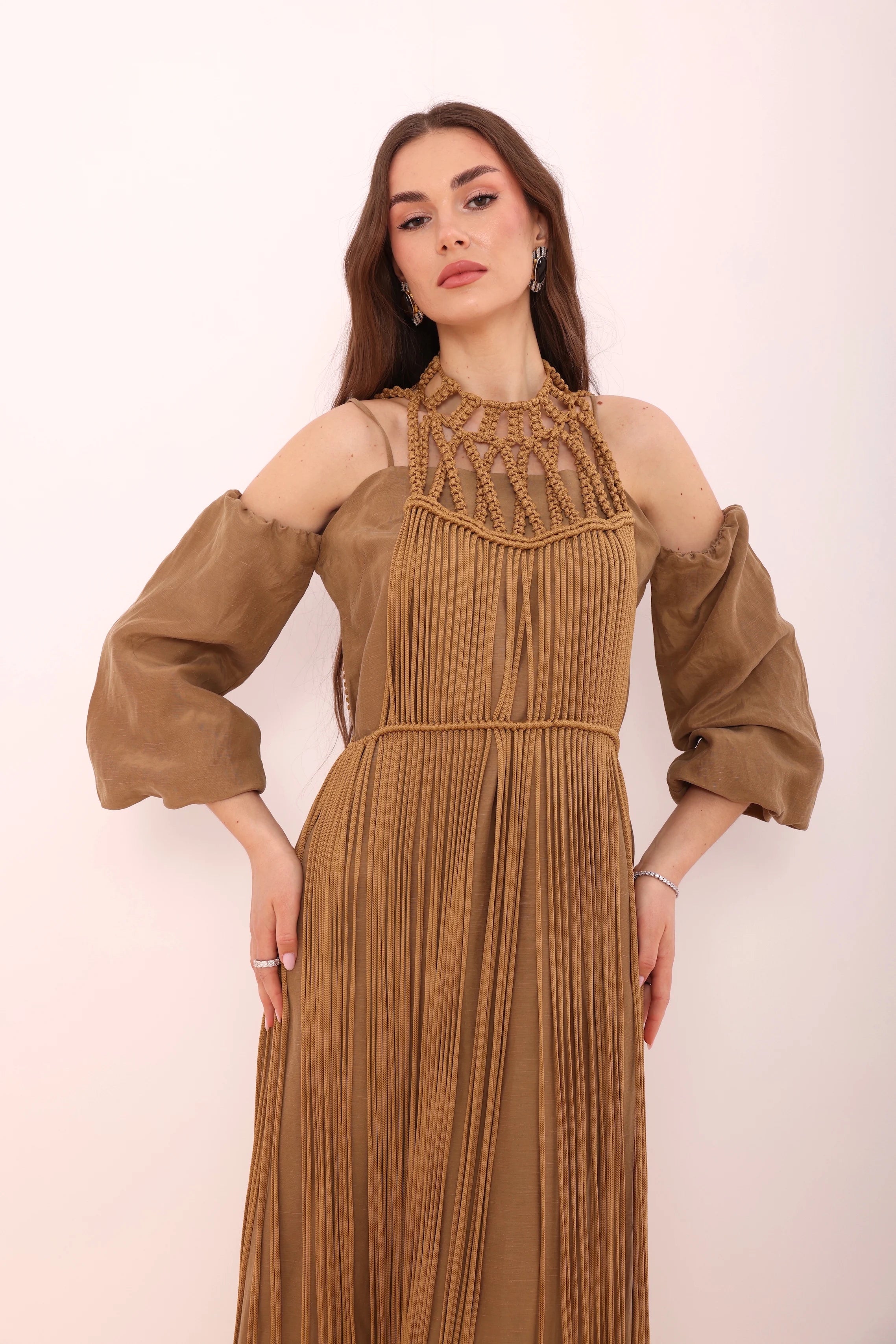 Camel Fringed Macramé Top-4