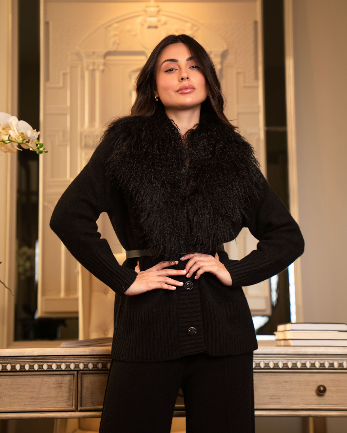 Black Mongolian Fur-Trim Jacket & Wide-Leg Pants Set-3