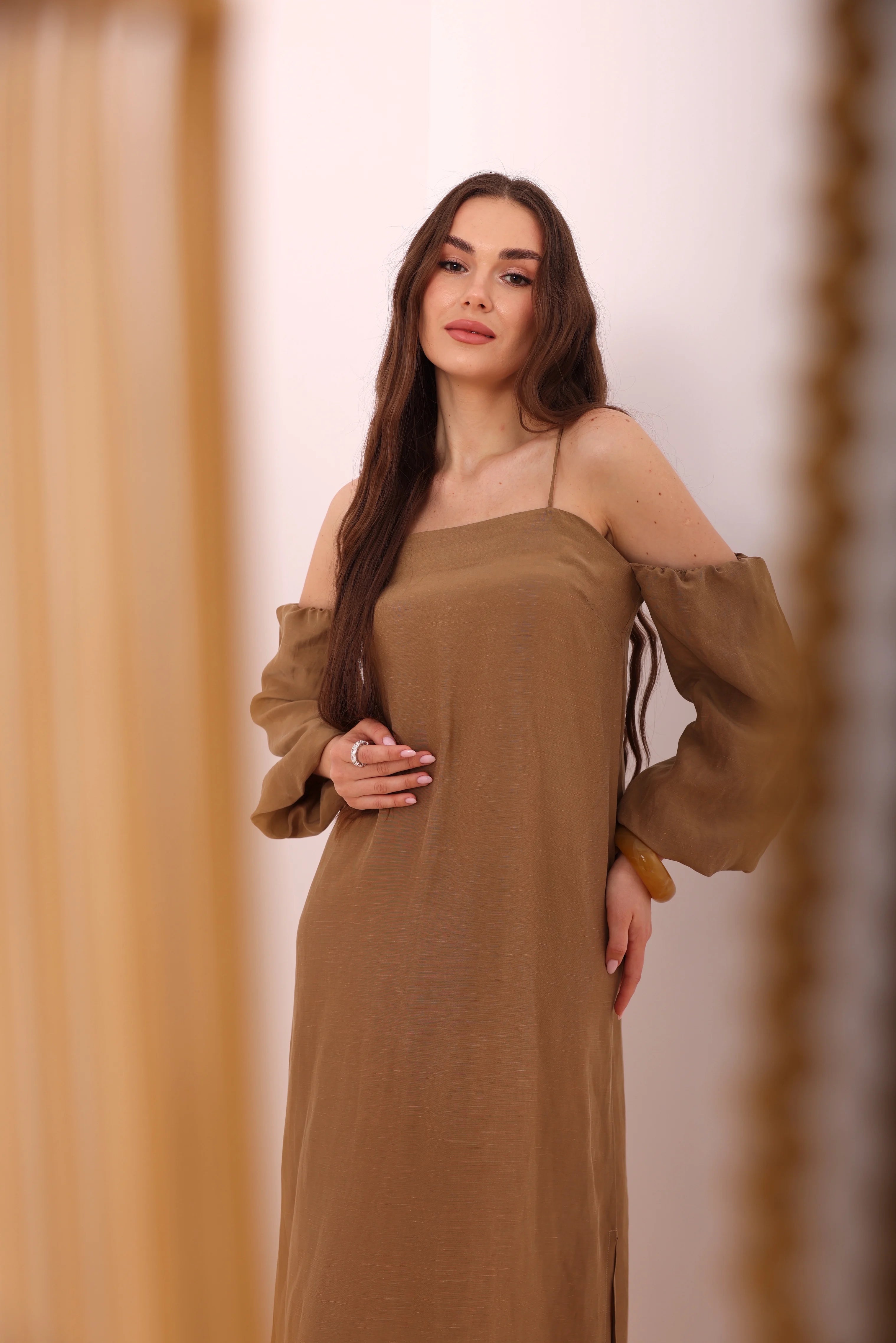 Camel Off-Shoulder Maxi Dress-3