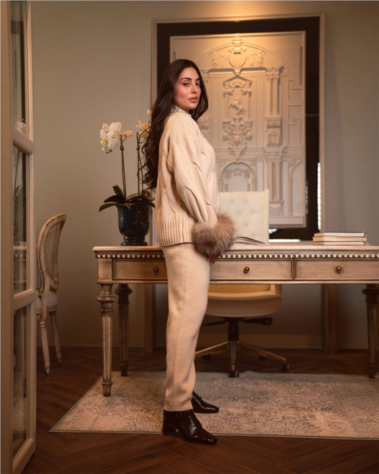 Beige Chain-Detail Cashmere Pants Set-3