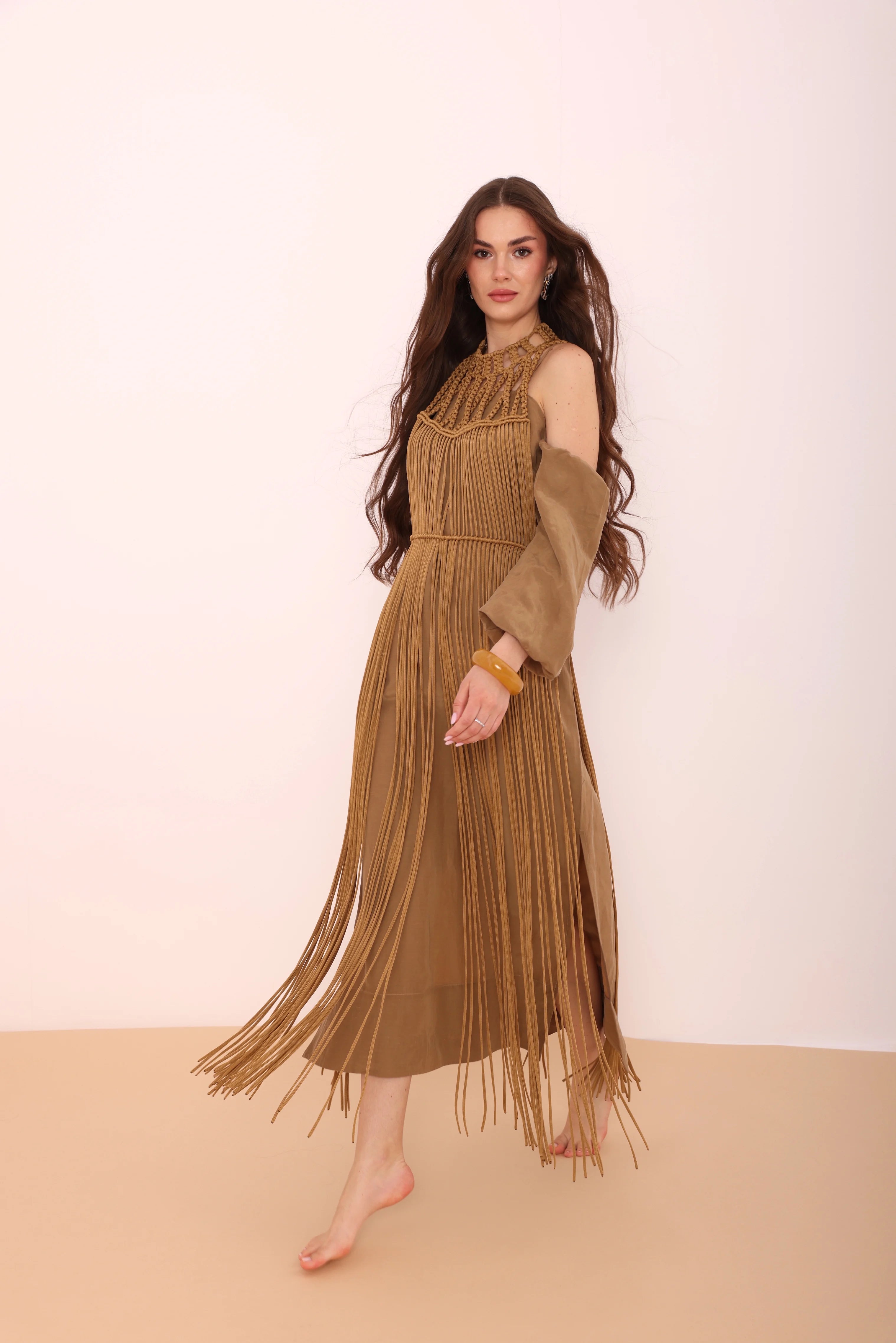 Camel Fringed Macramé Top-5