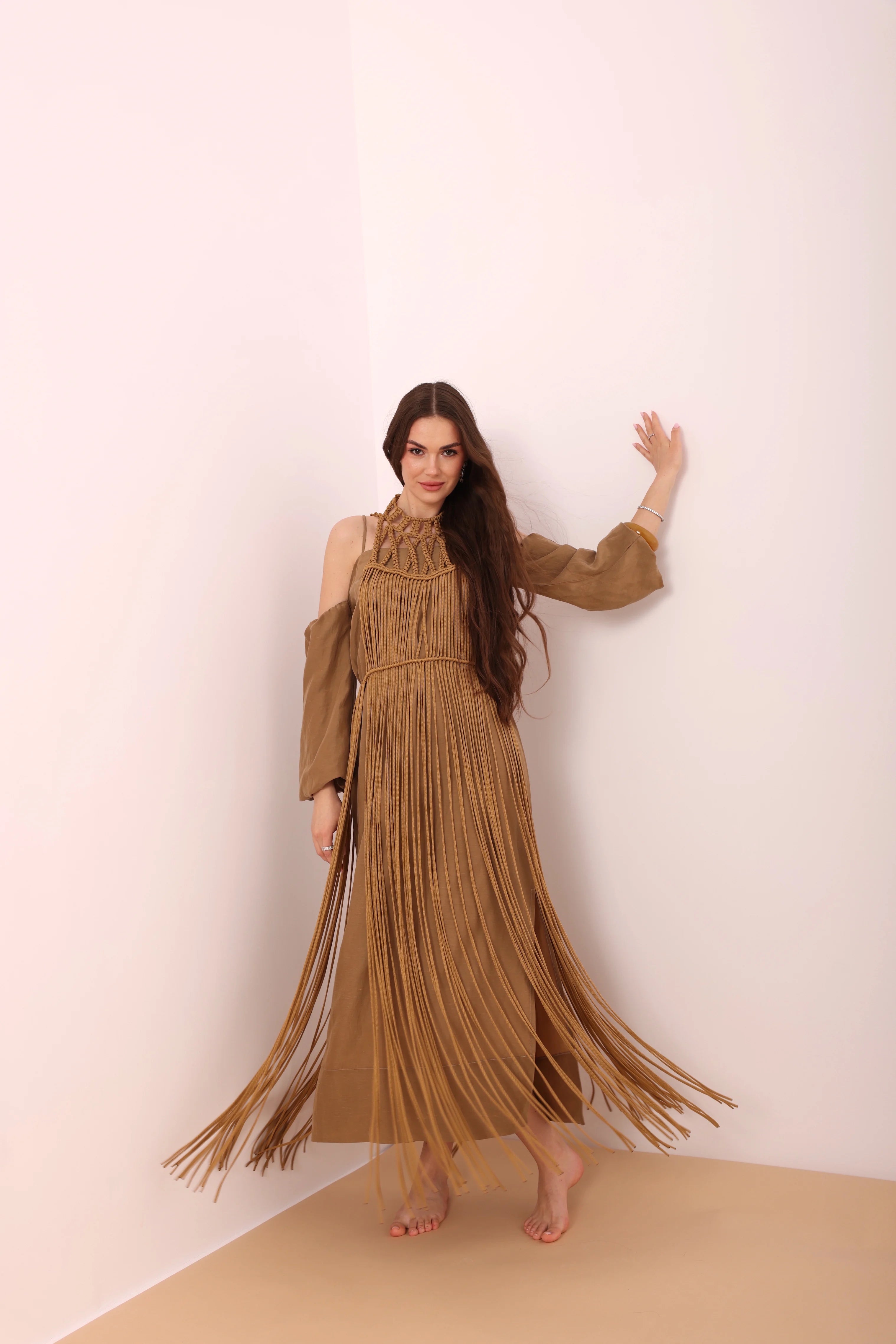 Camel Fringed Macramé Top-2