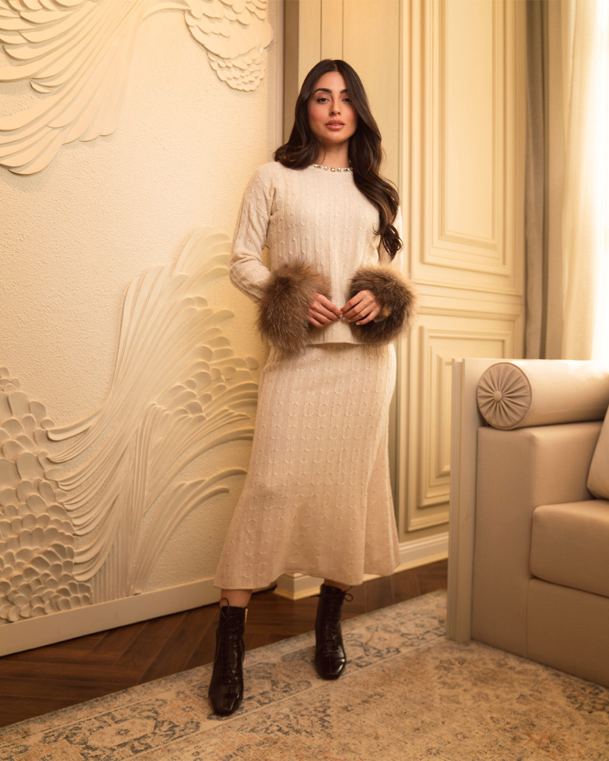 Beige Cashmere Skirt Set-4