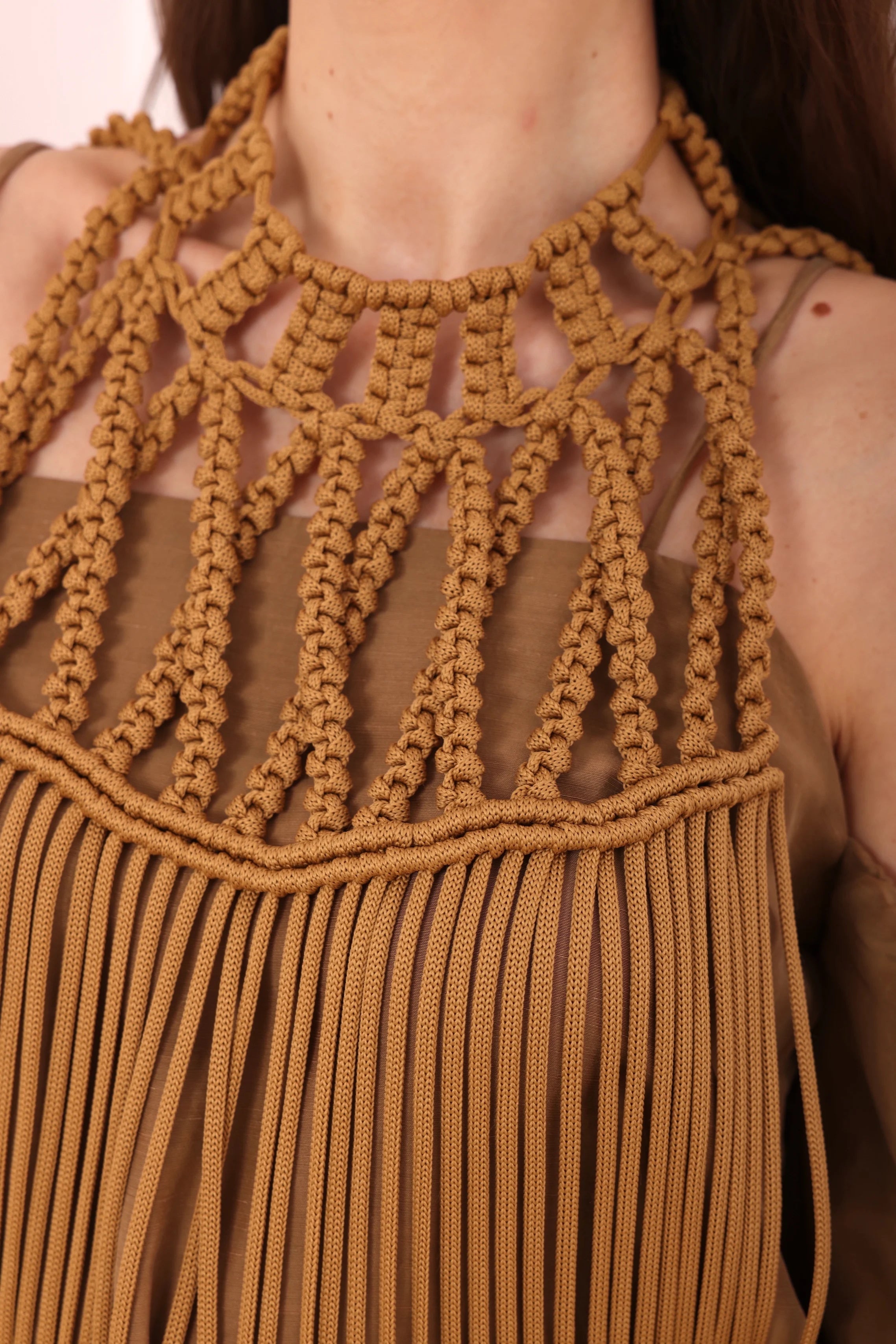 Camel Fringed Macramé Top-6
