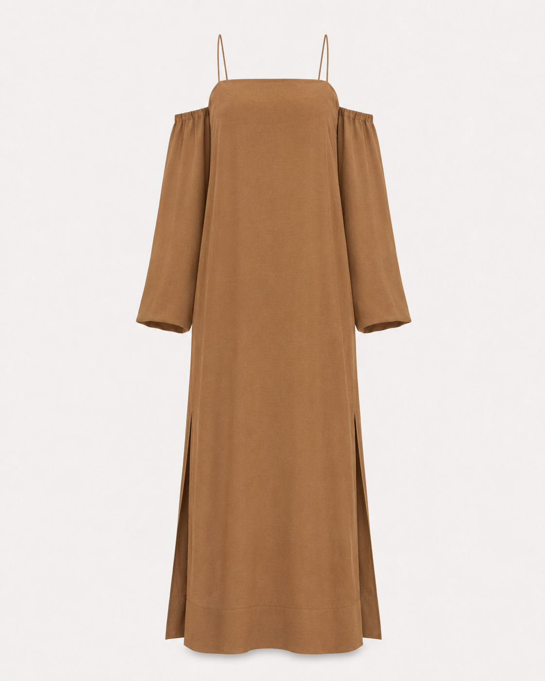 Camel Off-Shoulder Maxi Dress