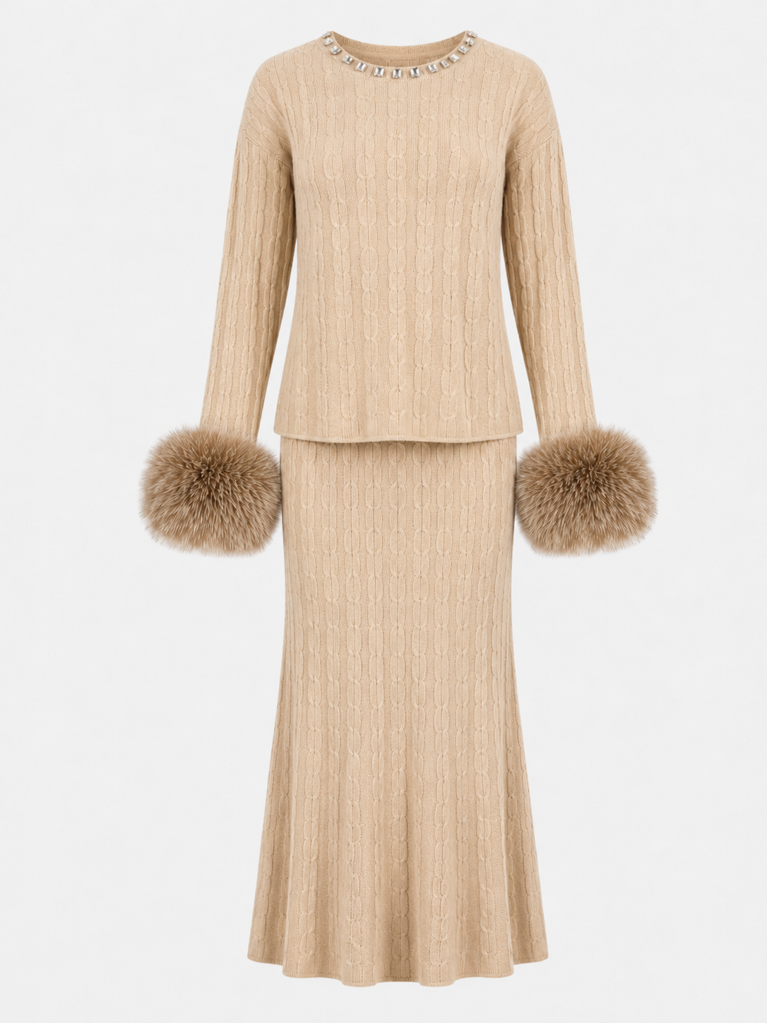 Beige Cashmere Skirt Set-1