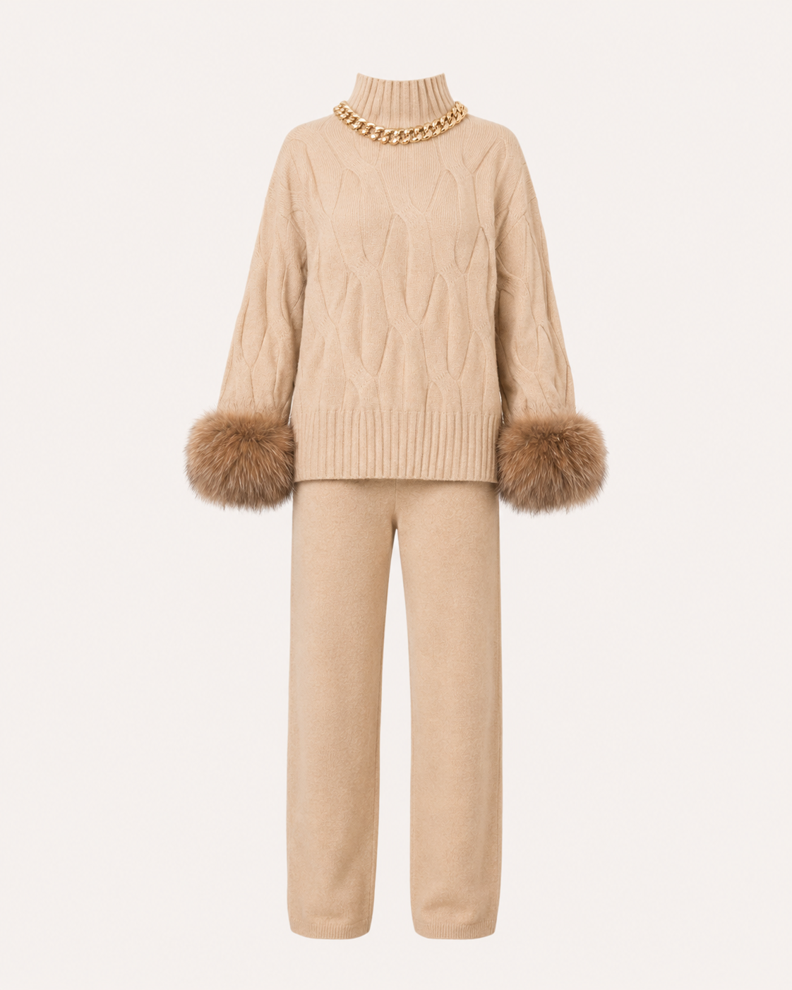 Beige Chain-Detail Cashmere Pants Set-1