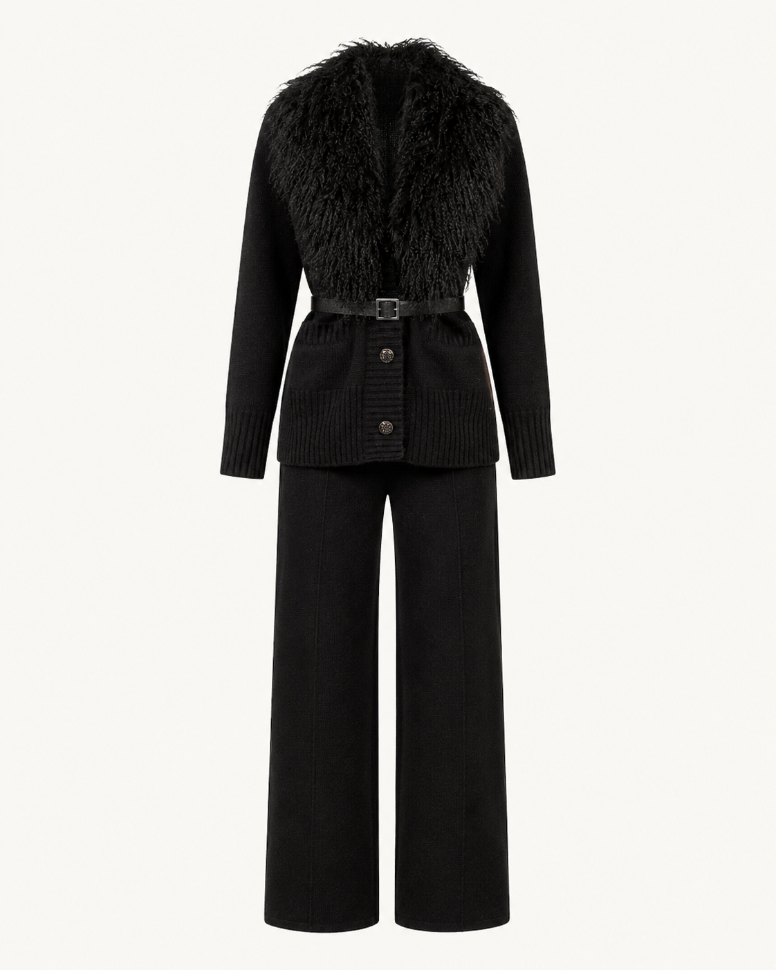Black Mongolian Fur-Trim Jacket & Wide-Leg Pants Set-1