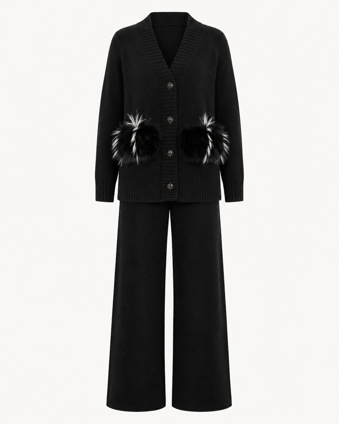 Black Cashmere Jacket & Wide-Leg Pants Set-1