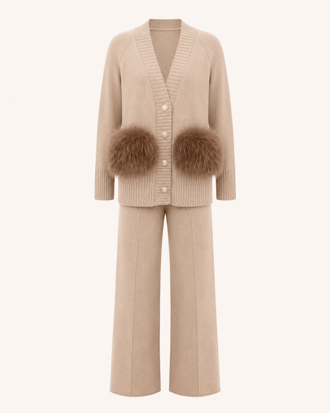Camel Cashmere Jacket & Wide-Leg Pants Set-1