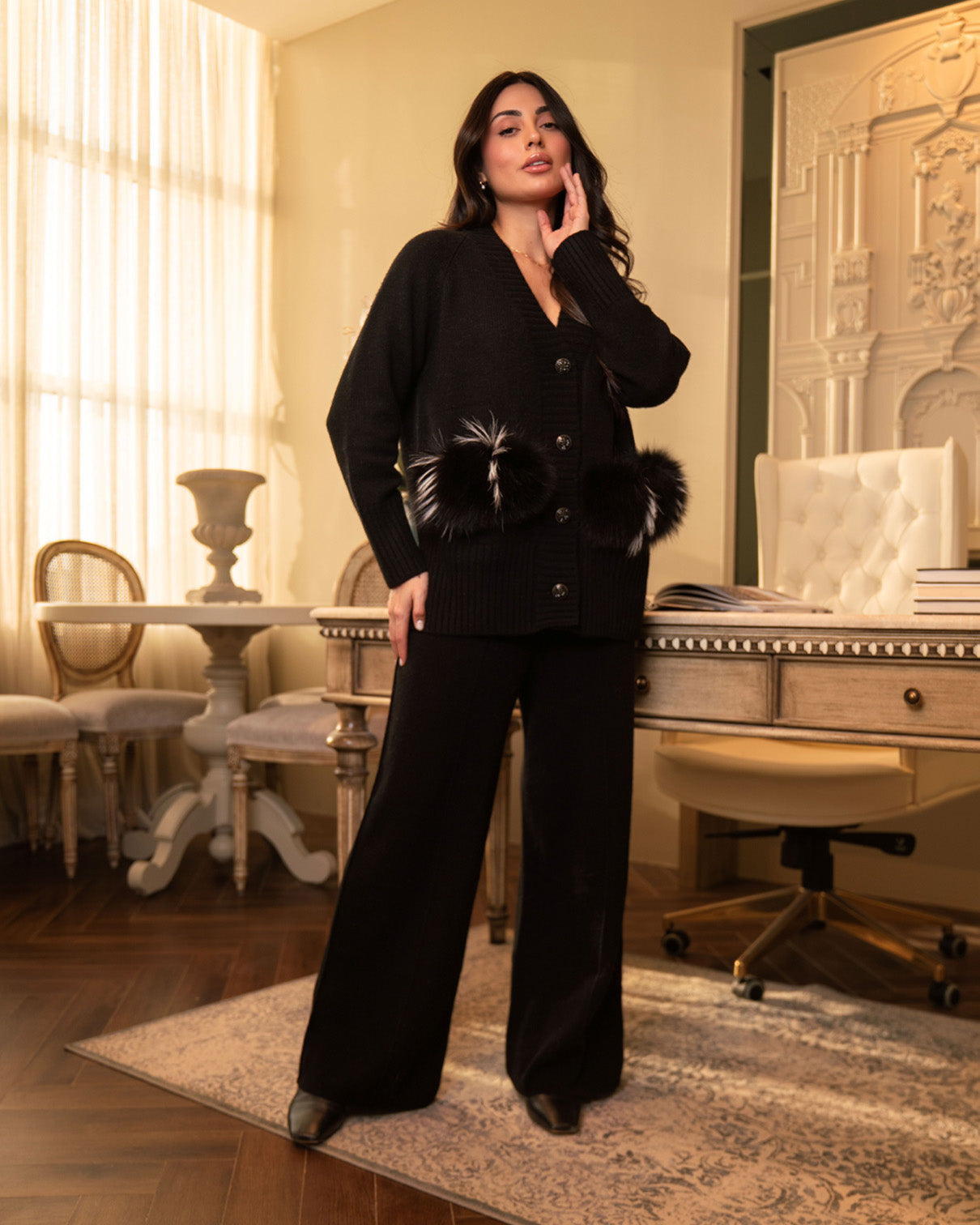 Black Cashmere Jacket & Wide-Leg Pants Set-4